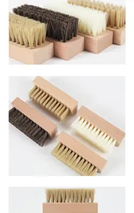 Wooden shoe brush set with soft horsehair and bristle for leather care cleaning and polishing.