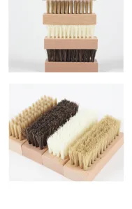 Square beech wood cleaning brush set with soft bristles for leather shoe dusting and polishing.