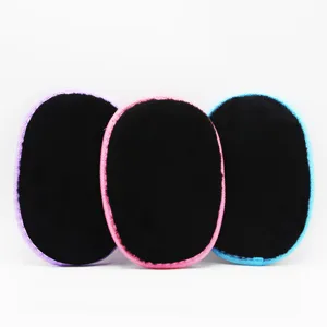 Detailed closeup of thickened oval polishing shoe mitts featuring colorful plush borders.