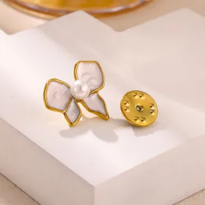 Exquisite pearl bow brooch detail, 18k gold plated stainless steel, elegant accessory.