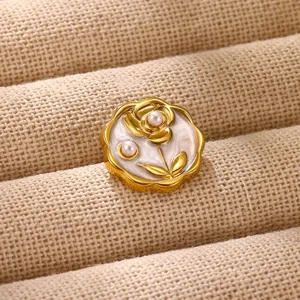 Exquisite stainless steel 18k gold plated pearl enamel flower brooch for women jewelry detail
