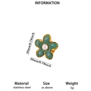 Stainless steel 18k gold plated enamel flower brooch with elegant pearl inlay for women.