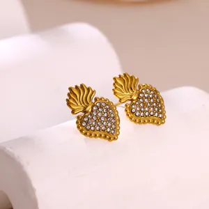 Goldener heiliges Herz Kristall Ohrstecker glänzender Strass Retro Schmuck Detailansicht