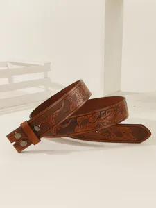 Vintage western style embossed leather belt with bull head and floral tooling detail.