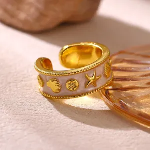 Vergoldeter offener Ring mit Emaille Seestern und Muschel Motiv Vintage Strand Schmuck Detail