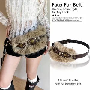 Y2K wasteland style plush rivet waist belt, vintage faux fur punk design apparel accessory.