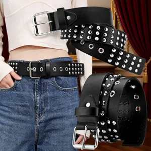 Punk Style Women Men Black PU Leather Belt Double Prong Buckle Metal Rivets Jeans Casual Waist Belt Fashion Accessories