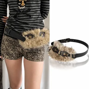 Y2K vintage wasteland style faux fur rivet patchwork waist belt women fashion accessory