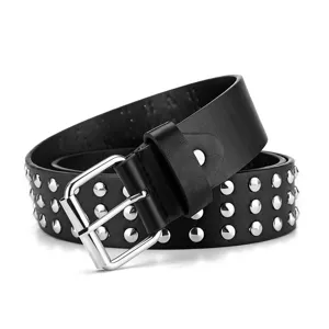Black studded punk leather belt featuring silver metal buckle and classic rivet design.