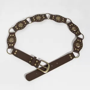 Vintage brown metal ring studded leather belt Y2K grunge waist accessory for women