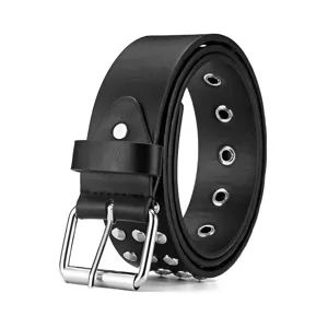 Black punk leather belt with metal eyelets and silver buckle detail for casual wear