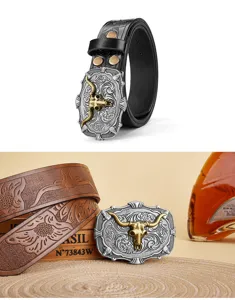 Vintage Western Cowboy Bull Head Buckle Embossed Leather Belt for Unisex Fashion Top