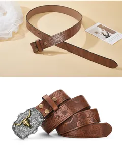 Western cowboy embossed leather belt with vintage metal bull skull buckle for men and women.