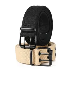 Unisex canvas belt with double prong metal buckle, casual fashion waist belt for jeans.