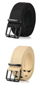 Detail view of casual canvas belt with double pin buckle, durable and stylish for daily jeans.