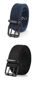 Close-up of casual canvas belt with double pin buckle and metal eyelets, detailed texture.