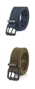 Detailed view of the casual canvas belt showing durable double pin buckle and metal grommets.