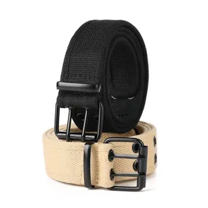 Unisex canvas belt with double pin buckle, casual adjustable waist strap for jeans and pants.