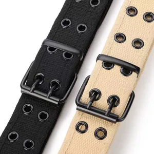 Unisex canvas belt with double prong buckle, casual punch-free metal eyelet trousers strap.