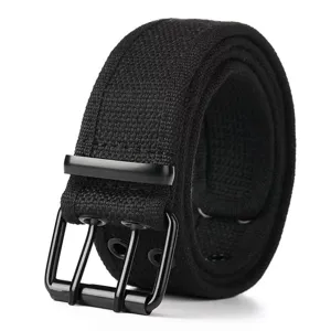 Black canvas belt with double pin metal buckle casual stylish waist belt for jeans pants