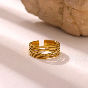 Detailopname van een minimalistische goudvergulde roestvrijstalen geometrische open ring.