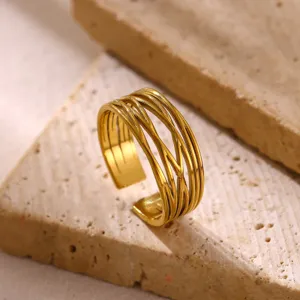 Gouden roestvrij staal multi-lijn open ring, minimalistische geometrische brede dames sieraden.