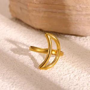 Gedetailleerd overzicht van een stijlvolle vergulde roestvrijstalen geometrische open ring.