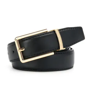 Detailed view of black leather belt featuring a sleek gold pin buckle and neat stitching.