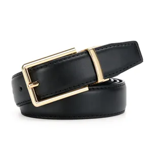 Detail view of classic black leather belt with polished gold pin buckle for business wear.