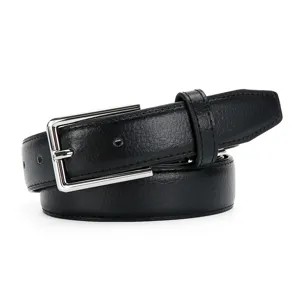 Detail view of a classic black leather belt with a polished silver metal pin buckle.