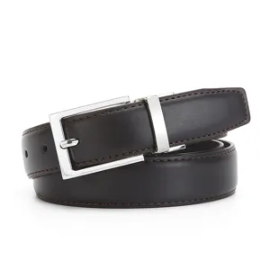 Detailed shot of a brown leather belt with a silver pin buckle, ideal for casual and business wear.