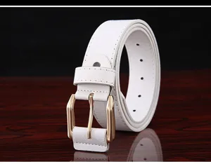 White PU leather belt for men with golden pin buckle, classic casual design detail shot.