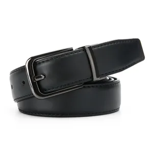 Classic black leather belt with dark metal pin buckle, casual business style waist belt.