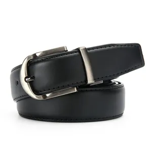Classic black leather belt with silver pin buckle, elegant design for business and casual wear.