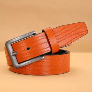 Men's Orange Wave Texture PU Leather Belt Casual Jeans Waistband with Metal Pin Buckle