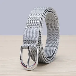 Grey woven nylon canvas belt detail showcasing durable silver metal pin buckle and texture.