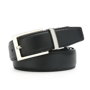 Detailed view of black genuine leather belt with classic silver pin buckle, premium texture.