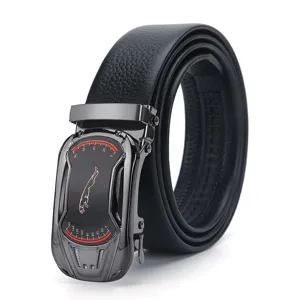 Men's automatic buckle leather belt with luxury car front metal design and classic style.
