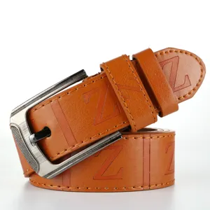 Men brown leather pin buckle belt detailed view, casual business trouser waist belt accessory