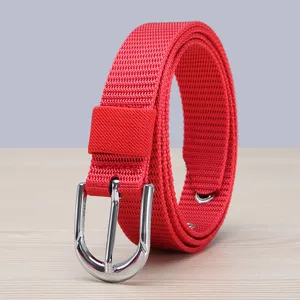 Red nylon canvas woven belt with metal pin buckle, casual outdoor waist strap for women.
