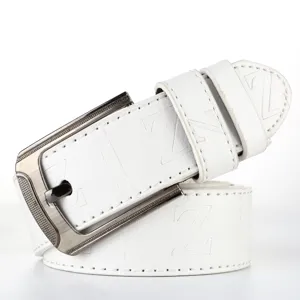 Men's white leather belt closeup, featuring a sleek metal pin buckle and debossed design.
