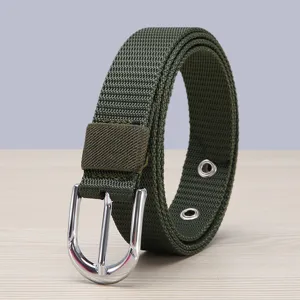 Detailed view of army green nylon canvas belt with shiny silver metal buckle and eyelets.