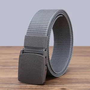 Close-up detail of grey tactical nylon belt strap texture and durable buckle design.