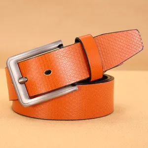 Men's casual pin buckle faux leather belt with textured grid pattern for everyday wear.