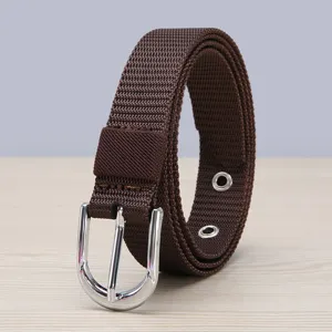 Detailed view of women's brown nylon woven belt with silver metal pin buckle and eyelets.