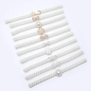 Women Fashion Artificial Pearl Rhinestone Waist Belt Sweet Dress Sweater Decorative Elastic Waist Chain Jewelry