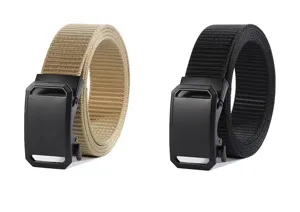 Detail view of durable nylon tactical belts with black alloy buckles in khaki and black options.