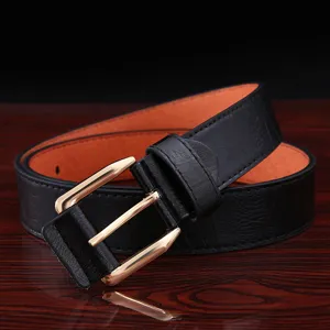 Classic men's PU leather belt with gold pin buckle, versatile casual dress belt for jeans.