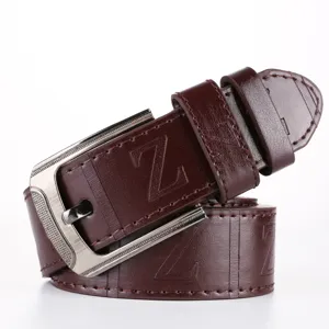 Men's dark brown leather belt featuring a stylish metal pin buckle and embossed Z pattern design.