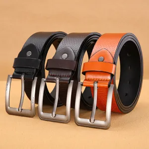 Men faux leather pin buckle casual belt detailed view showing texture and color options.